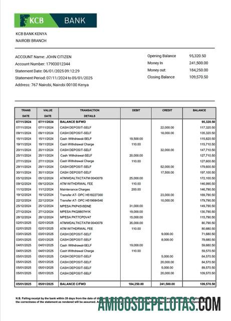 em branco Quênia KCB Extrato de conta bancária modelo Word e PDF